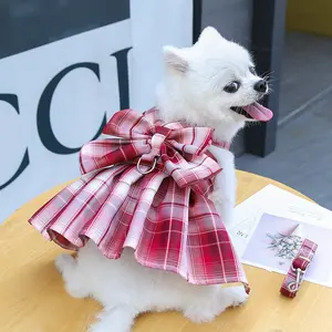Wholesale Pet Luxury Dress Clothes Dog Harness Vest Leash Set Lattice Puppy Adjustable Dress Clothes For Small Dogs