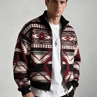 Vêtements pour hommes sur mesure, cardigan en tricot à fermeture éclair ethnique aztèque, col montant, veste en jacquard vintage, fournisseur d'usine en gros
