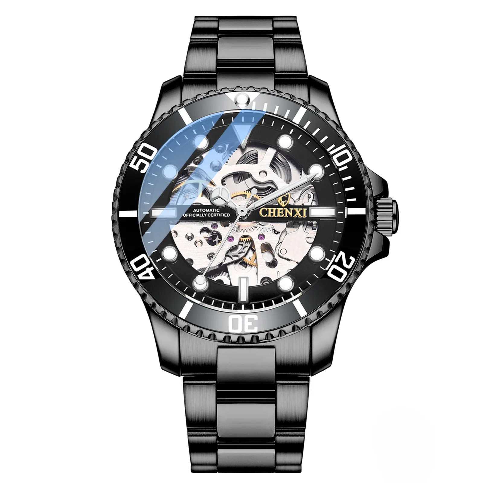 Popular Luxury Customized Brand Logo See Through Mechanical Face 3ATM Water Resistant Black Mens skeleton Automatic Watches