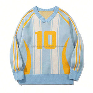 Pull en jersey à col en V à rayures verticales color block, style couple, ample, sportif, avec lettres numériques en jacquard - Product Image 1