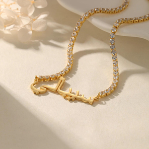 Collier en acier inoxydable avec pendentif personnalisé prénom arabe, chaîne tennis de luxe brillante en zircon, pour femme, vente en gros - Product Image 3