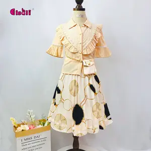 Elsali Fashion Design Girl's Pearl Pleated Single breasted Shirt Printed Half Skirt Two Piece Set Free Belt and Small Wallet