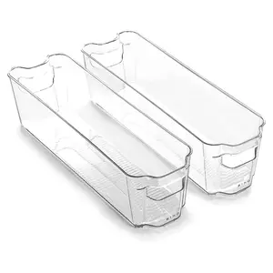 Recipiente de armazenamento empilhável estreito, congelador longo transparente, organizador de geladeira, presilhas de armazenamento de plástico