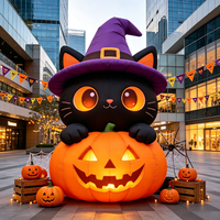 Décoration gonflable d'Halloween personnalisée : Chat noir tenant un fantôme citrouille en tissu Oxford pour fêtes, événements, jardins et cours