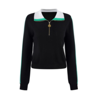Pull tricoté personnalisé pour femme à faible MOQ, col contrastant demi-zip, manches longues, jacquard rayé, col polo