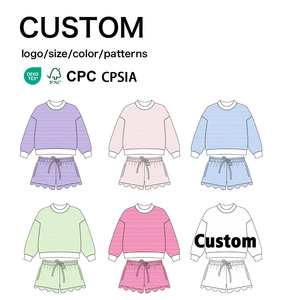 Shorts Striped <b>Drawstring</b> Cotton Girls Sweatshirt Set Wholesale Custom Color Custom Size Private Label - Product Image 1