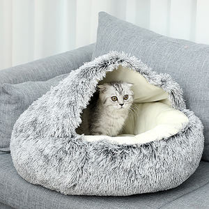 Indoor-Haustierhaus aus massivem Faserstoff, abnehmbares, waschbares Haustier-Donut-Plüschkissen, rundes Hunde- und Katzenhöhlenbett mit Kapuzenabdeckung - Product Image 2