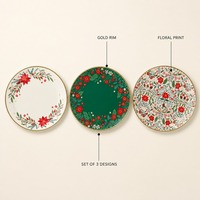 Ensemble de 3 assiettes en papier florales de Noël, bord doré, assiettes rondes jetables pour les réunions de famille