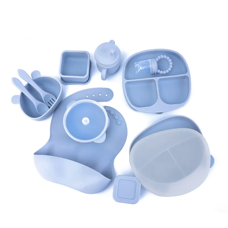 Hot Sales Kids Weaning baby feeding products Suction Plate Bowl Spoon Bibs BPA Free silicone baby feeding set