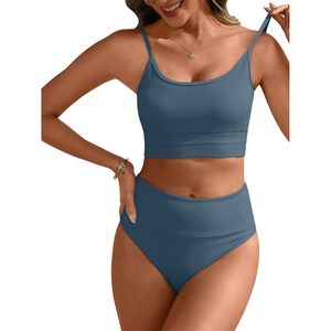 Women High Waisted <b>Bikini</b> <b>Set</b> 2 Piece Ribbed Tummy Control Swimwear Beach Wear - Product Image 1