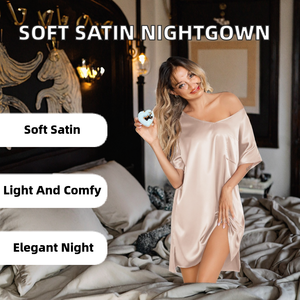 Camisón de satén para mujer, suave, de manga corta, color champán, talla XL - Product Image 2