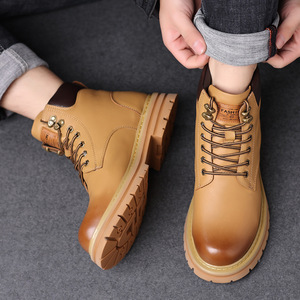 Bottes d'hiver pour hommes mi-mollet en cuir pleine fleur véritable doublées en polaire de laine et coton, respirantes, imperméables, décontractées, jaunes - Product Image 5