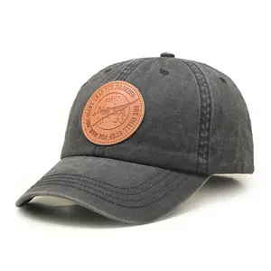 OEM Stone Washed Unstructured Baseball Cap Denim Custom Leather Patch 6 Panel Dad Hat