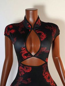 Women's Print Cheongsam-Inspired Bodycon Mini Dress Mandarin Collar Cutout Buttons Party Dresses Fashion - Product Image 5