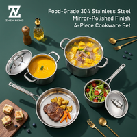 Set Panci Mewah 304 Stainless Steel 4 Buah dengan Finishing Poles Cermin, Termasuk Panci Besar, Wajan, dan Panci Susu, dengan Gagang Anti Panas untuk Koki