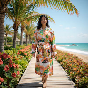 Robe Kimono en Soie Tissu Crêpe Écologique Col V Manches Longues Longueur Maxi Dernier Tissu Doux Motif Imprimé Tropical Porter Meilleur - Product Image 1