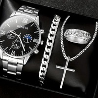 Montre d'affaires pour homme avec boîtier en alliage, bracelet à aiguilles, calendrier à trois trous, chiffres romains, mouvement à quartz, collier, bracelet et bague assortis