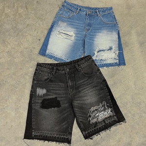 Streetwear pour garçons de qualité supérieure avec logo DTG personnalisé baggy en détresse <span class=keywords><strong>noir</strong></span> avec écusson lavé pour hommes shorts en jean <span class=keywords><strong>noir</strong></span> - Product Image 1