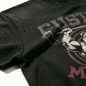 Camiseta de gimnasio de 240GSM de alto gramaje con gráfico personalizado de Bulldog levantando pesas, fabricada con efecto desgastado y lavado ácido, estilo Pump Cover - Product Image 3