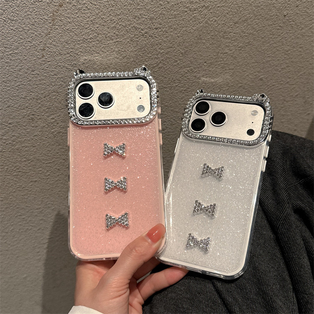 Cartoon Glitter Bow Mobile Phone case for iPhone 17 Air 16 15 14 13 Pro Max cute Ear Camera Frame Cat Diamond cute back Cover