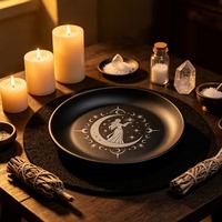 Plateau d'autel Wicca en forme de croissant de lune, en métal mat, rond, pour bougies rituelles, méditation, présentoir de cristaux, brûleur d'encens