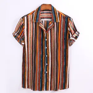 Chemise d'été à rayures de qualité Vintage pour hommes, manches courtes, multicolore