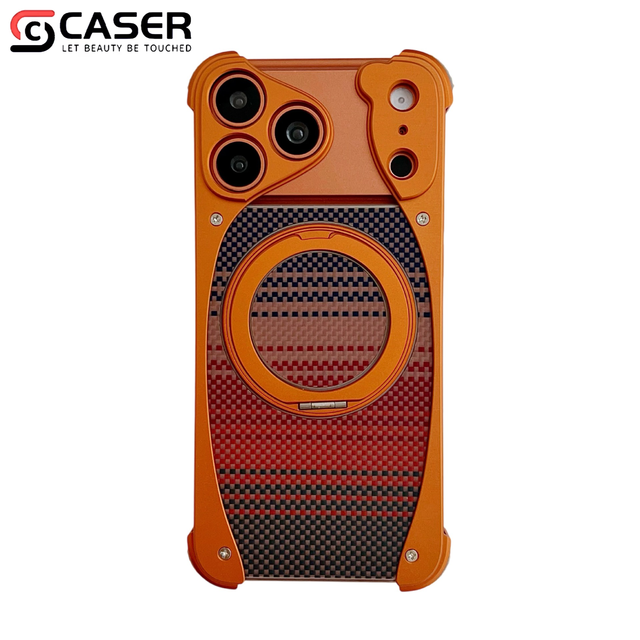 High-End Carbon Fiber Texture Gold Silver Thread Shell Aluminum Alloy Bumper Magnetic Kickstand Phone Case for iphone 13pm-18pm