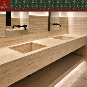 GOLDKING <span class=keywords><strong>Lavabo</strong></span> Doble de Grado Comercial, Moderno, Montado en la Pared, con Encimera de Travertino, Vetas Beige Cálido, Poros Naturales, Tamaño Personalizado OEM - Product Image 2