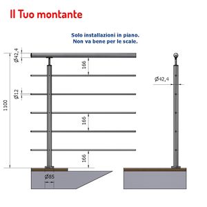 P110105-5X rond vertical en acier inoxydable 42.4mm avec 5 trous 12.5mm AISI 304 finition satinée 1.10m hauteur au sol - Product Image 1