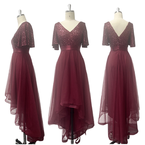 เดรสเพื่อนเจ้าสาวอินเทรนด์ชุดเดรสงานพรอมเลื่อมแขนสั้นผ้าชีฟองฟูคอวีทรงเอแต่งระบายหรูหรา - Product Image 4