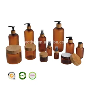 Packaging Cosmetic Bamboo Cosmetic Packaging Frosted Amber Plastic Bottle For Liquid Soap With Pump Lids