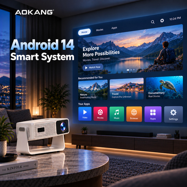 Aokang Q1 Android 14 Smart Projector Native 1080P Mini Projector 400 ANSI Dual WiFi BT 5.2 200 Inch Factory Wholesale