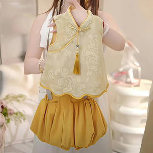 Traditional Chinese Girls Hanfu Two Piece Set Yellow Sleeveless Top With Skirt Party Wear Thin Fabric - Product Image 3