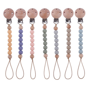 Clip de madera para chupete de bebé con cuentas de silicona, libre de BPA, 0-12 meses, cadena de color sólido para uso infantil - Product Image 5