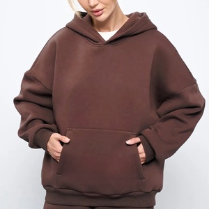 Sudadera con Capucha Extra Grande para Mujer, Talla Grande, Color Marrón Sólido, Hombros Caídos, Manga Larga - Product Image 1