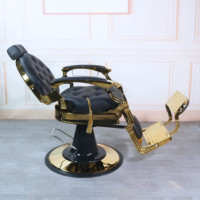 Fauteuil de Barbier Vintage de Luxe Hydraulique Inclinable, Chaise de Salon Dorée et Noire Capitonnée, Mobilier de Barbier Antique