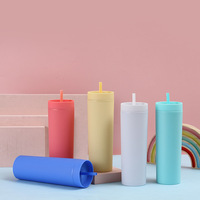 Gobelet isotherme portable en plastique à double paroi de 450 ml (16 oz) avec paille, modèle mince, très populaire, pour le bureau, les fêtes, les voyages et l'usage quotidien