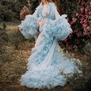 Robe de soirée sexy en tulle à volants, longueur ras du sol, coupe trapèze, col en V, manches courtes, pour séance photo, baby shower, avec traîne, pour femme enceinte - Product Image 1
