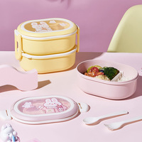 Boîte à lunch ovale à 2 niveaux avec couvercle transparent, thème lapin Kawaii, mignonne, pour enfants, avec fourchette et cuillère, fermeture à clip