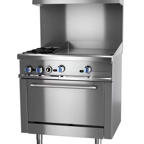 Yipomson Commercial Gas Charbroiler with 2 Top Burners & Oven Heavy-Duty Stainless Steel Cooking Range for Restaurants & Hotels