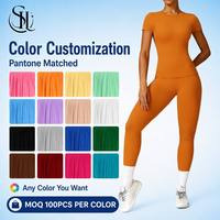 Ensemble de yoga personnalisé en gros pour femmes, 2 pièces, vêtements de sport, leggings taille haute, haut à manches courtes, MOQ 100 pièces, couleur personnalisable