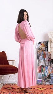 Vestido Maxi Rosa de Gasa con Mangas Abullonadas, Cintura Imperio, Estilo Bohemio, Color Liso, Plisado, Ajuste Holgado, Casual de Verano, Capa Transparente - Product Image 2