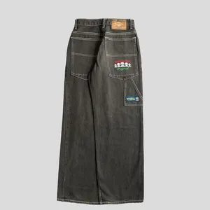 Nuevos pantalones de pierna recta holgados con bordado Retro de cintura baja Y2k, pantalones vaqueros lavados informales para hombres