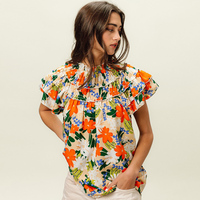 Boho Chic col roulé Bloom imprimé hauts fleur graphique manches superposées Blouse motif fleuri Smock bouton dos chemise à manches volantées