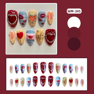 Faux ongles à presser faits main pour la Saint-Valentin, motif cœur rouge et empreinte de lèvres avec strass, design mignon chaussure de ballet et sucette, en acrylique - Product Image 2