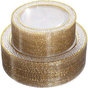 Platos desechables de plástico con borde dorado martillado-Platos reutilizables de 10 y 7,5 pulgadas para ensalada, postre, aperitivo, Negro/azul para fiestas, bodas - Product Image 1