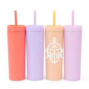 Vaso de acrílico de color negro mate liso de doble pared de plástico de 16Oz con pajita - Product Image 3