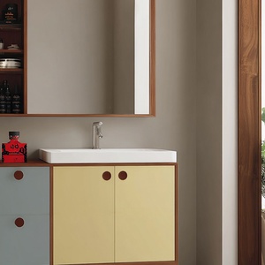 Conjunto de lavabo de cerámica <span class=keywords><strong>Bauhaus</strong></span> de una pieza para <span class=keywords><strong>baño</strong></span>, mueble de lavabo con lavamanos de madera de caucho y esmalte horneado, artículos sanitarios para lavarse las manos - Product Image 4