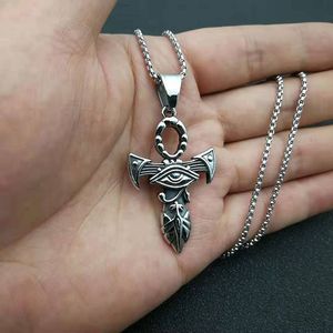 Men's Stainless Steel Cross Pendant <b>Necklace</b> Egyptian Horus Eye Design Asymmetry Fashion Jewelry Gift - Product Image 5