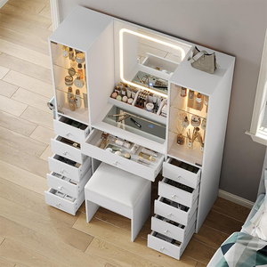 Coiffeuse compacte moderne avec miroir LED, lumières réglables, 10 tiroirs de rangement pour l'organisation de petites chambres, en bois - Product Image 2